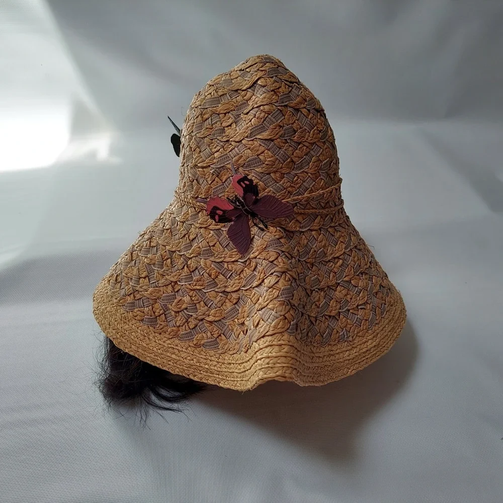 Betmar Women Strew Sun Hat One Size Tan Boho Raffia Butterfly Wide Brim Garden